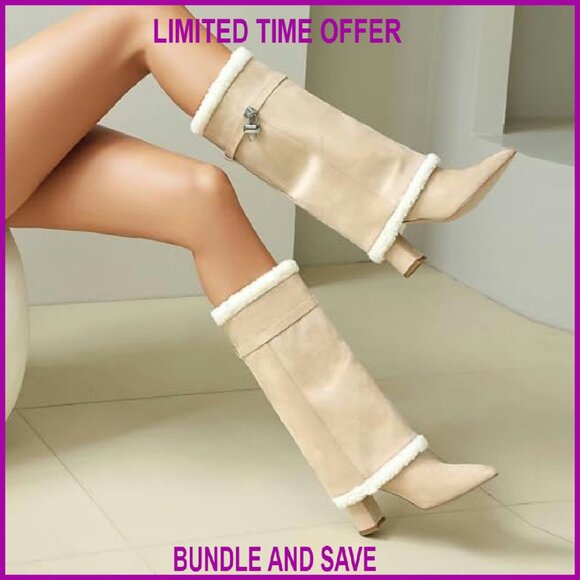 Fold Over Boots with Padlock Mid Calf Pointed Toe Chunky Heel Fur Collar - Picture 6 of 8